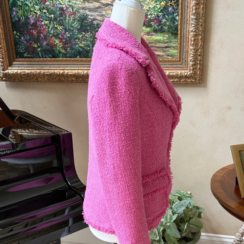 BOSTON PROPER Pink Gold Bouclé Women's Blazer Jacket Fringe Lined size 4 EUC - Picture 7 of 12